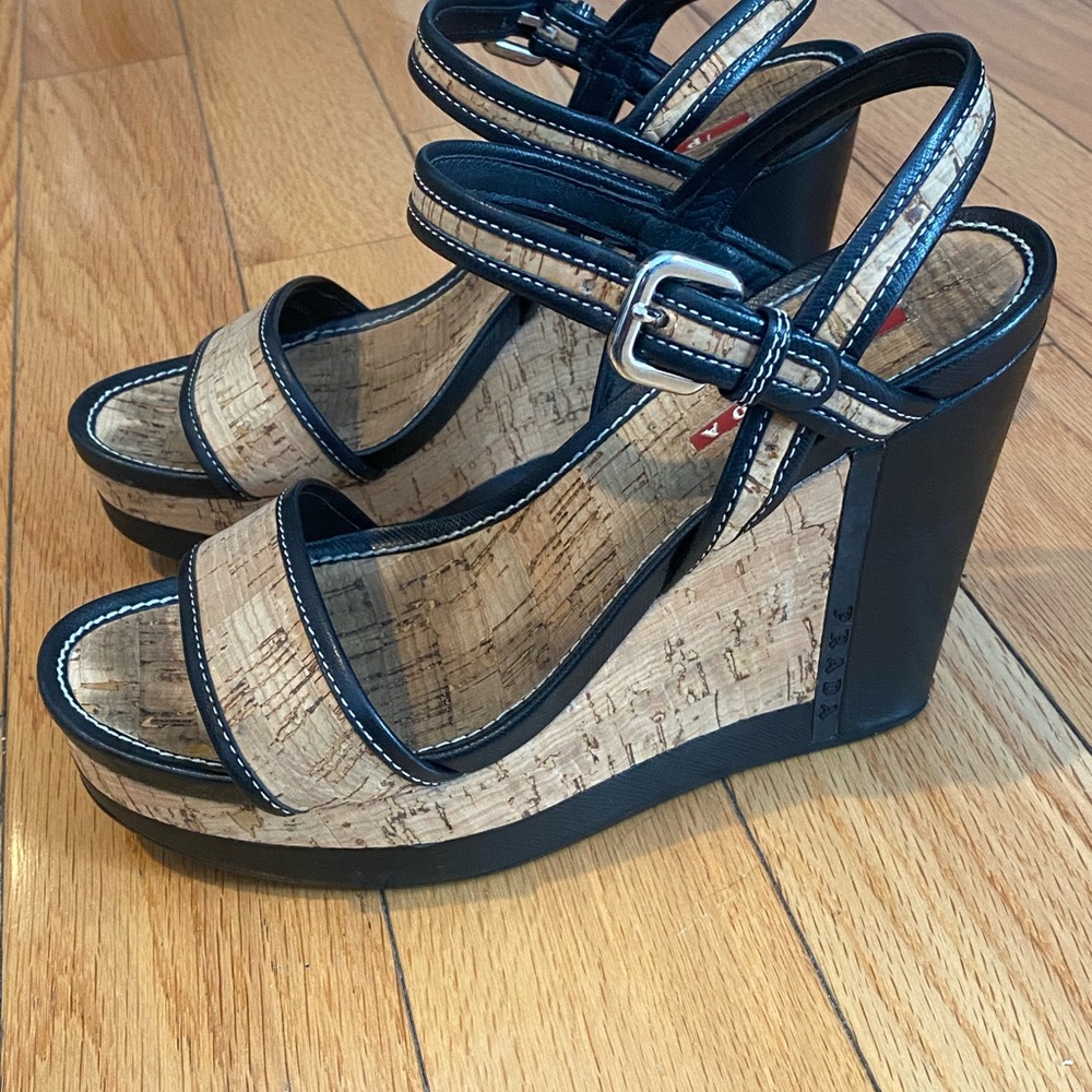 Prada Black and Natural Cork Wedge Sandals - Picture 14 of 16